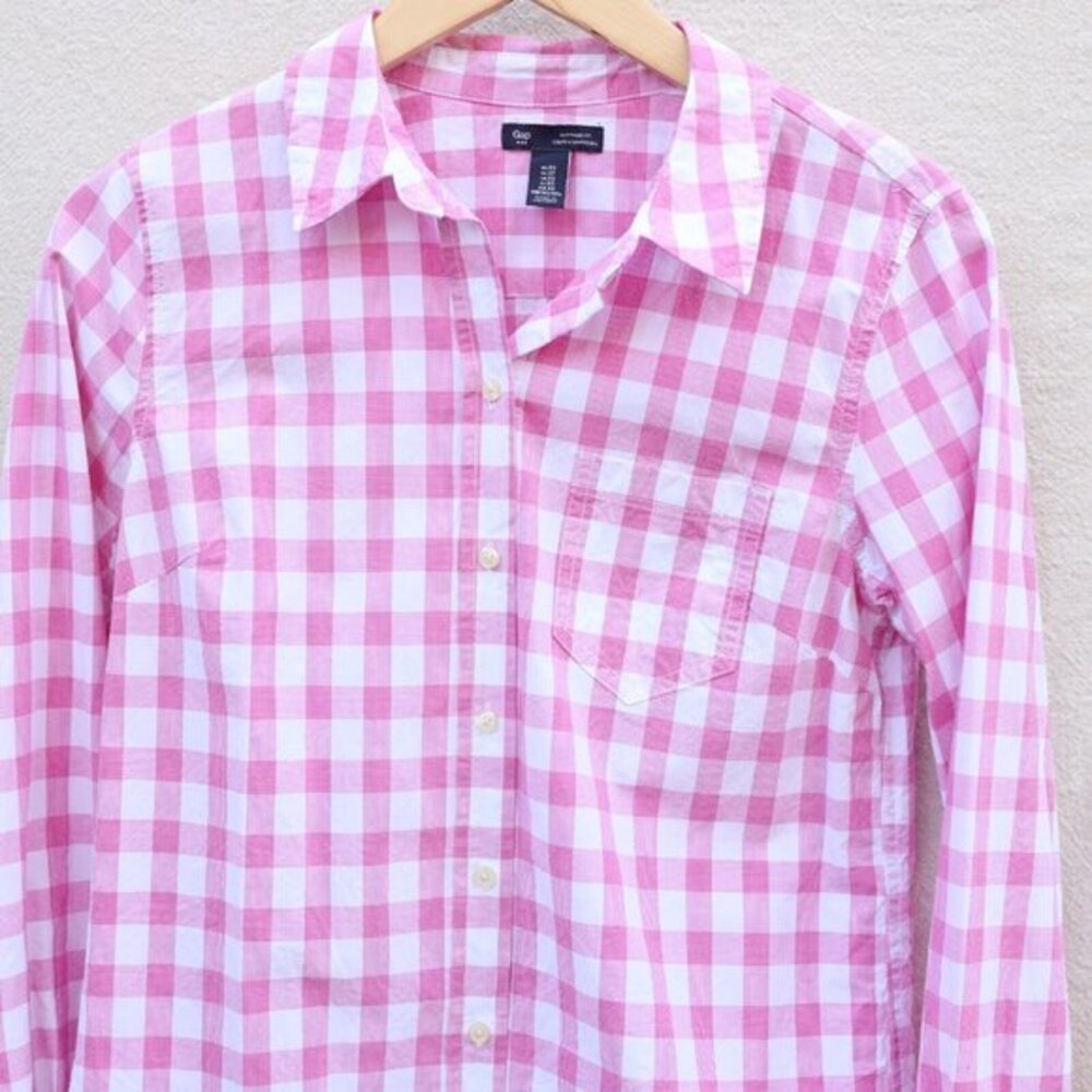 Gap Pink Gingham Plaid Shirt Top Button Down Blouse Boyfriend Fit Check Thin